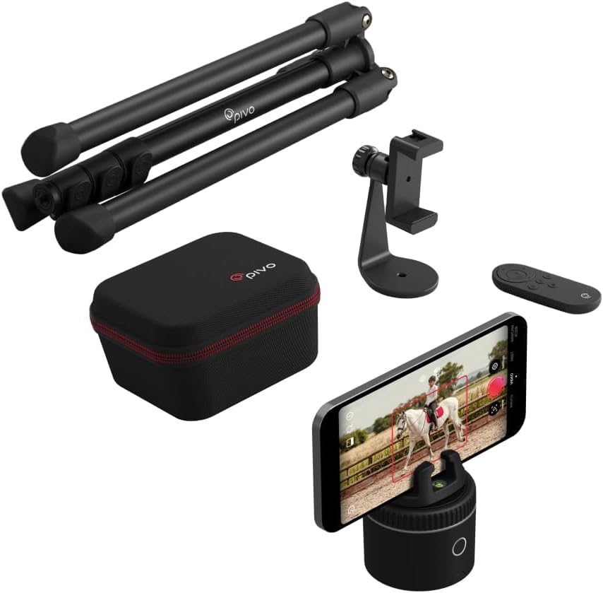 Equestrian silver base set, automatic facial recognition, body recognition, horse mobile tracker, AI-driven 360-degree rotation function, remote control video recording device without manual operation, suitcase and tripod