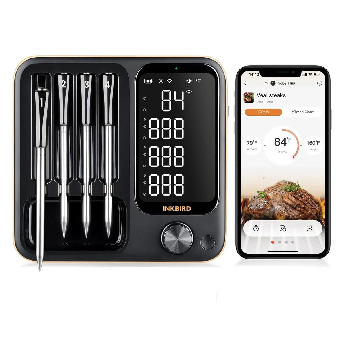 True wireless meat thermometer, equipped with 4 probes, Wireless meat thermometer, with backlit LCD display, Wi-Fi-enabled smart food thermometer, rechargeable, suitable for barbecue grills, charcoal grills, ovens, and rotating barbecue racks.
