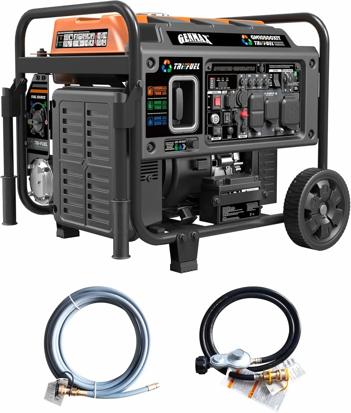 Tri Fuel Open Frame Inverter Generator,with ATS,Quiet Technology,CO Sensor,digital display and 50A,Ideal for Home backup,contruction site and RV Camping (GM10500XiT)