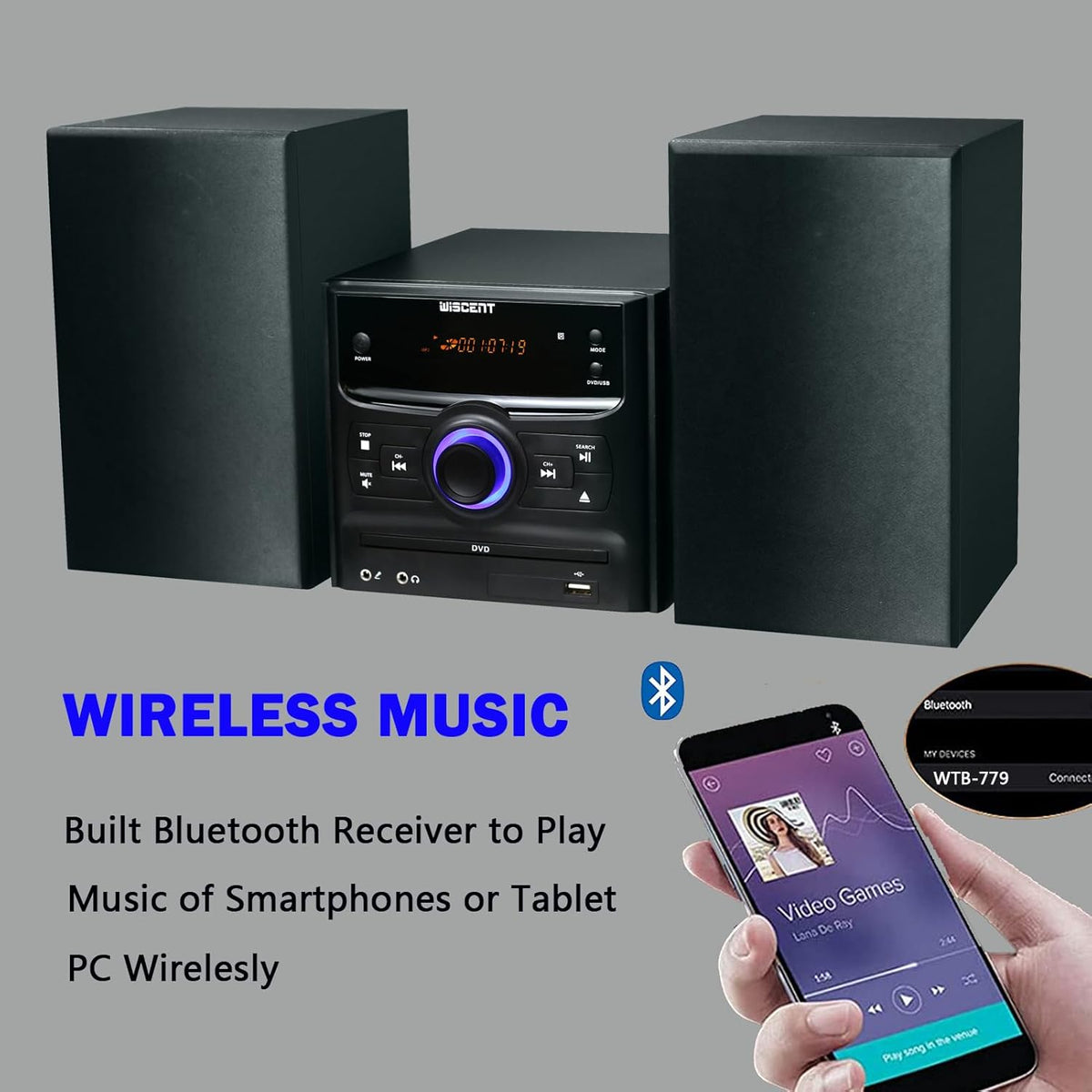 Wireless Stereo System, CD Player, Wireless Streaming, MP3, USB, Audio in, FM Radio, 30W, Micro Sound System