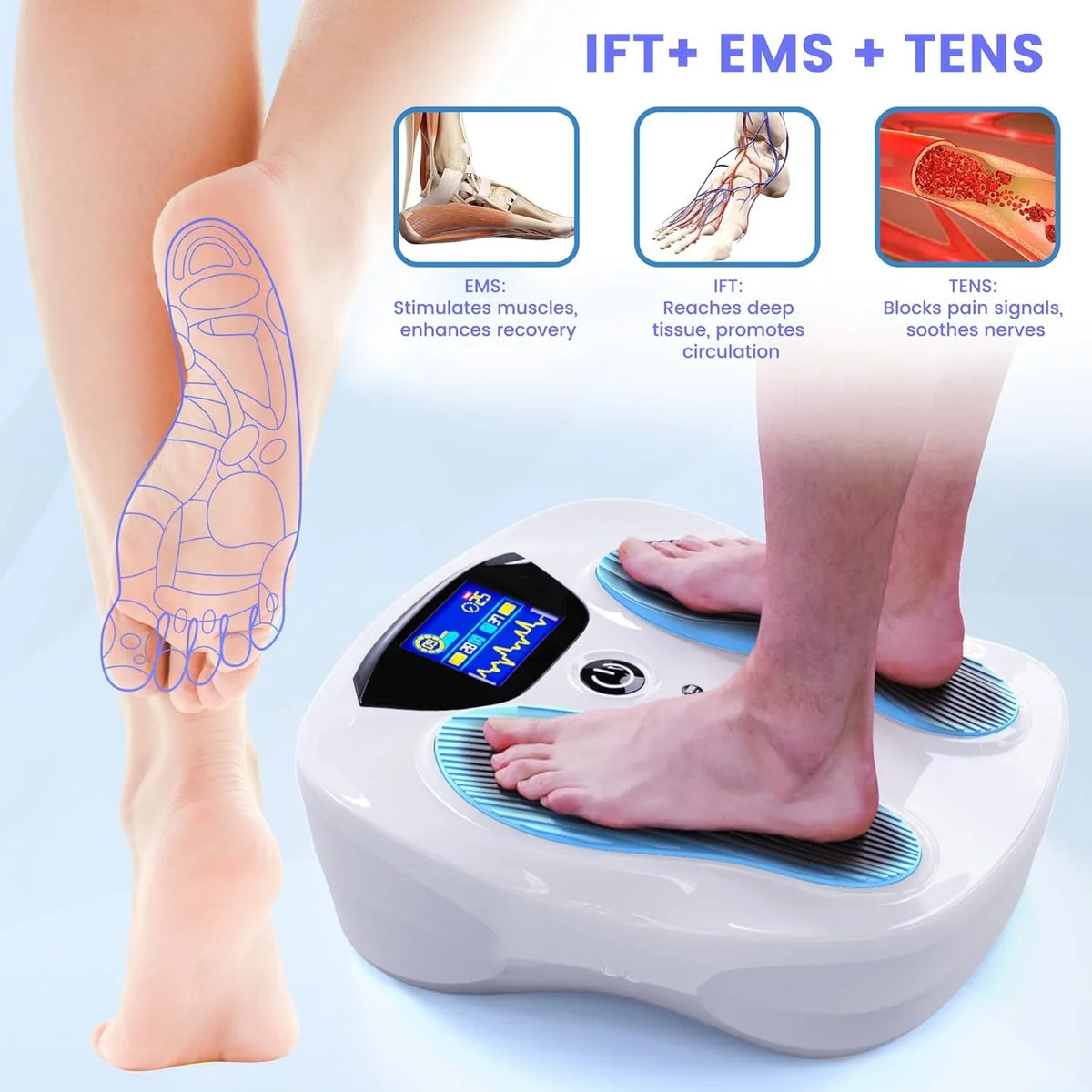 Professional Edition Foot Neuromuscular Stimulator, an electric stimulation/percutaneous nerve electrical stimulation foot massager used to relieve pain caused by nerve disorders and promote blood circulation in the legs. TENS Muscle Stimulator - A s