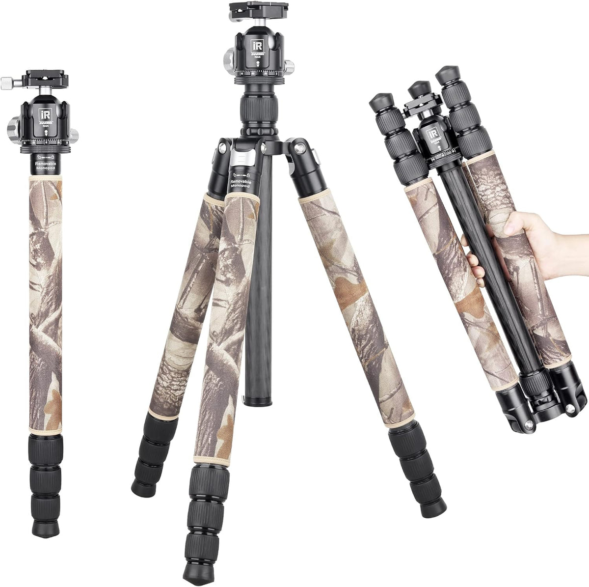 Super professional bracket, with low center of gravity, featuring low gravity effect, 360-degree rotating panoramic spherical connector, and green camouflage leg covers, suitable for digital single-lens reflex cameras.