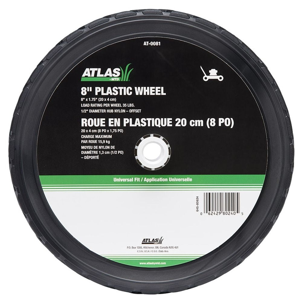Atlas Plastic Lawn Mower Replacement Wheel, Wide Tread 8-in x 1.75-in