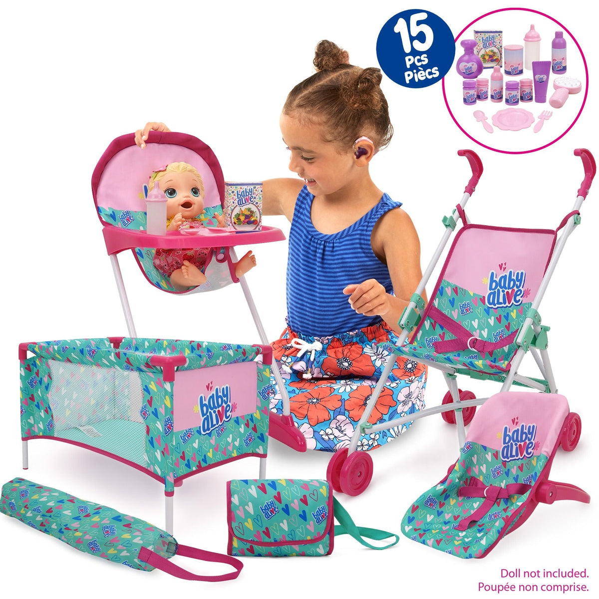 3-in-1 Kids' Doll Playset with 15 Accessories