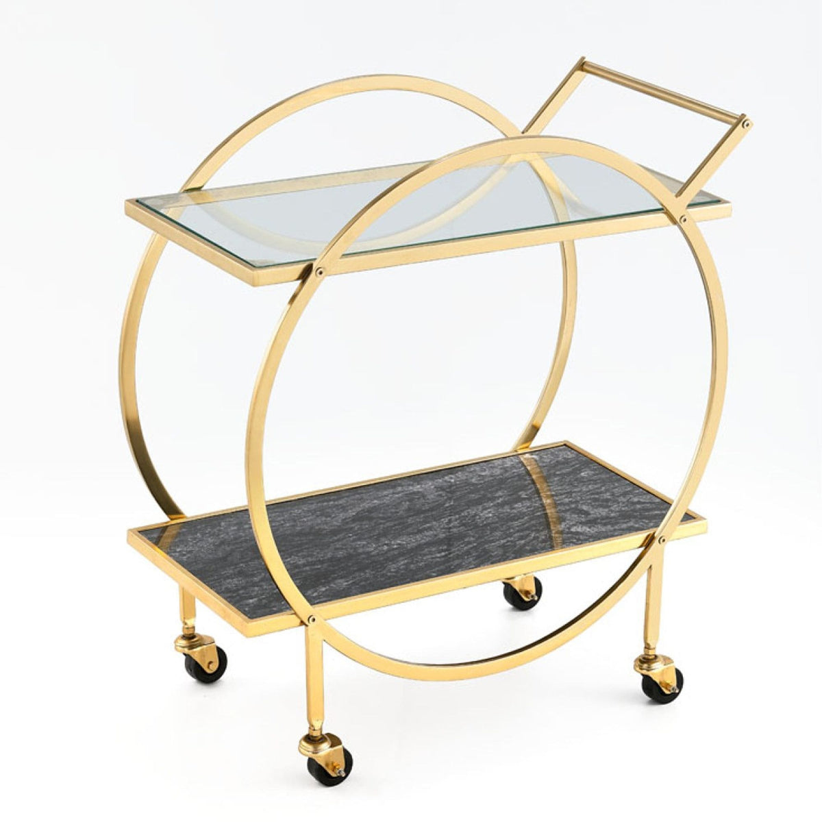Zara 2-Tier Circular Rolling Bar Storage Cart with Mirrored Top, Gold