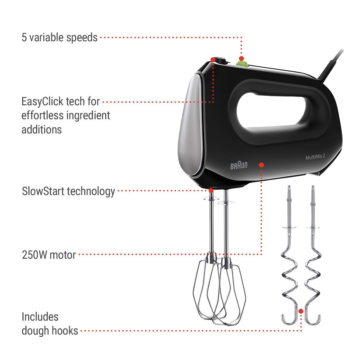 MultiMix 2 5-Speed Hand Mixer, Includes MultiWhisk Beater, 250W, Black