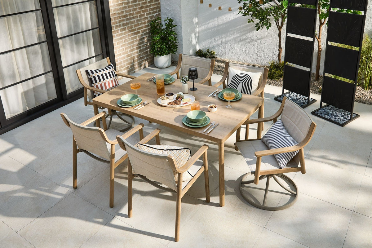 CANVAS Sauble Sling Outdoor Patio Dining Set with Swivel Chairs and Umbrella Hole, Tan, 7-pc