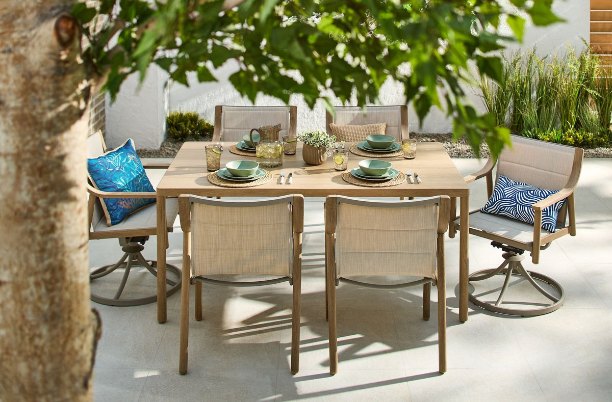 CANVAS Sauble Sling Outdoor Patio Dining Set with Swivel Chairs and Umbrella Hole, Tan, 7-pc