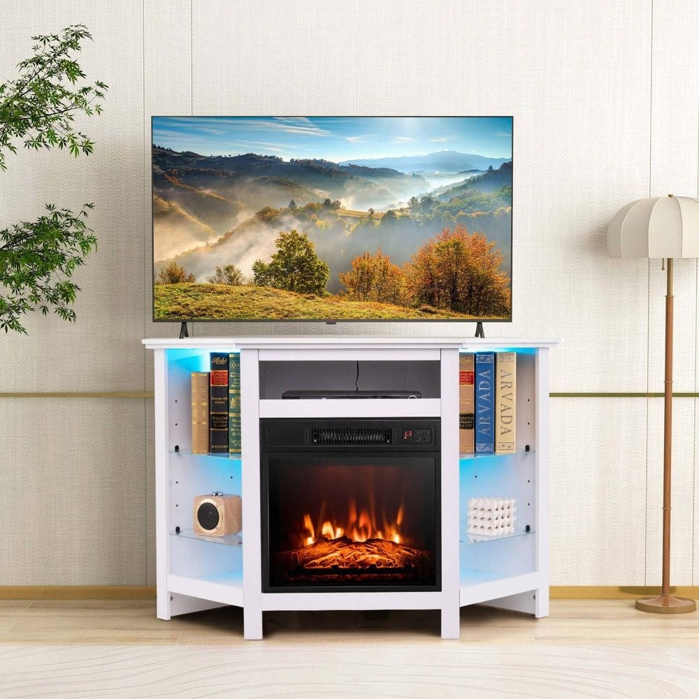 Fireplace TV Stand with LED Lights, White