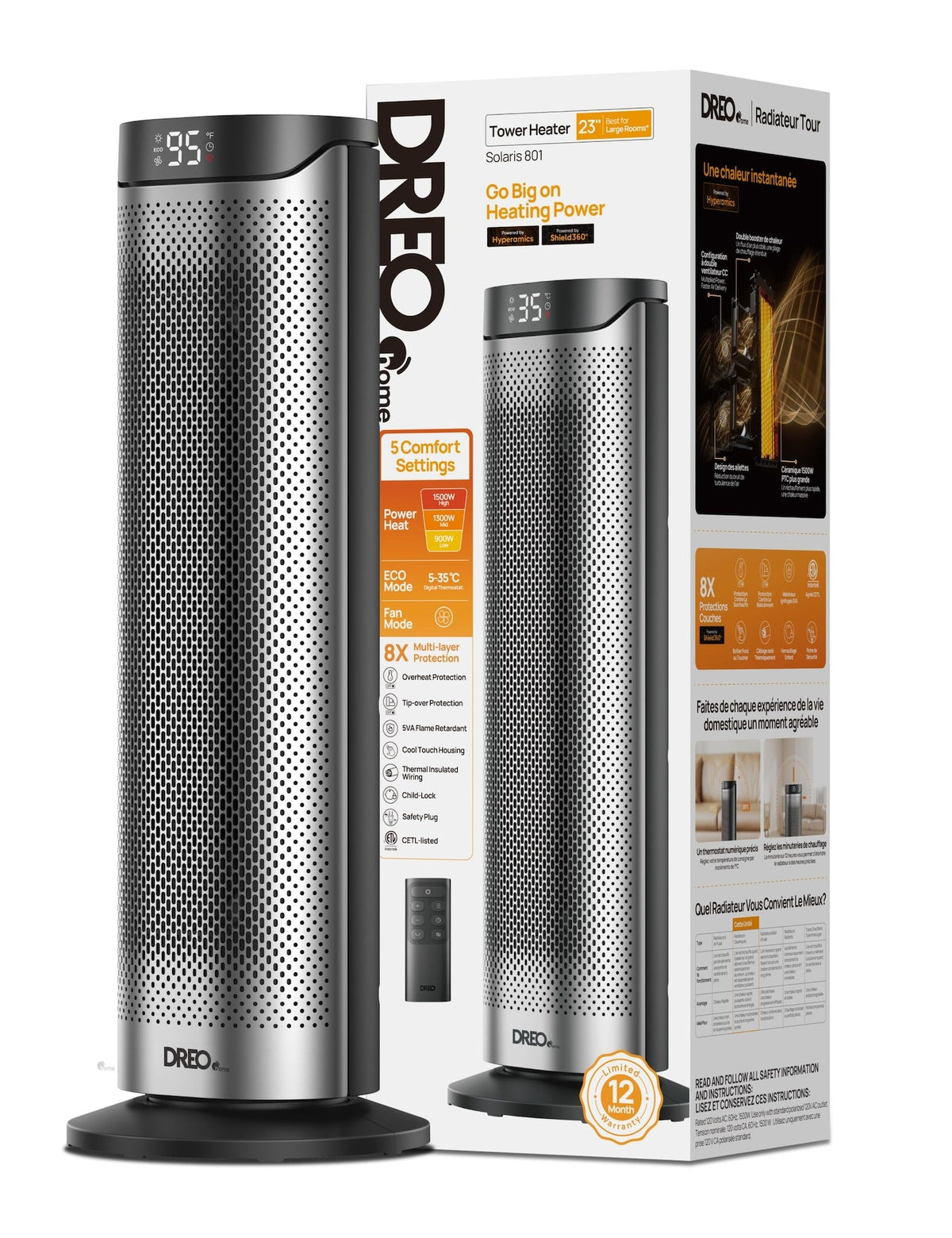 Home 1500W PTC Convection Oscillating Ceramic Electric Tower Heater, 23-in