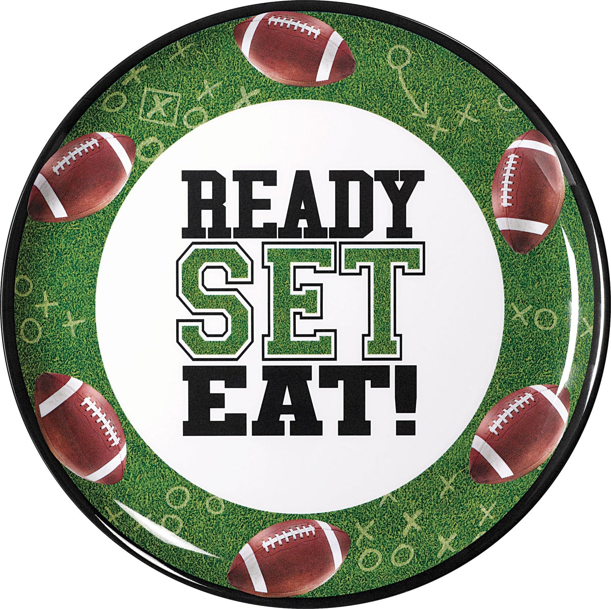 Football "Ready Set Eat" Round Plastic Melamine Reusable Serving Platter, Green, 13.5-in, for Sports Party