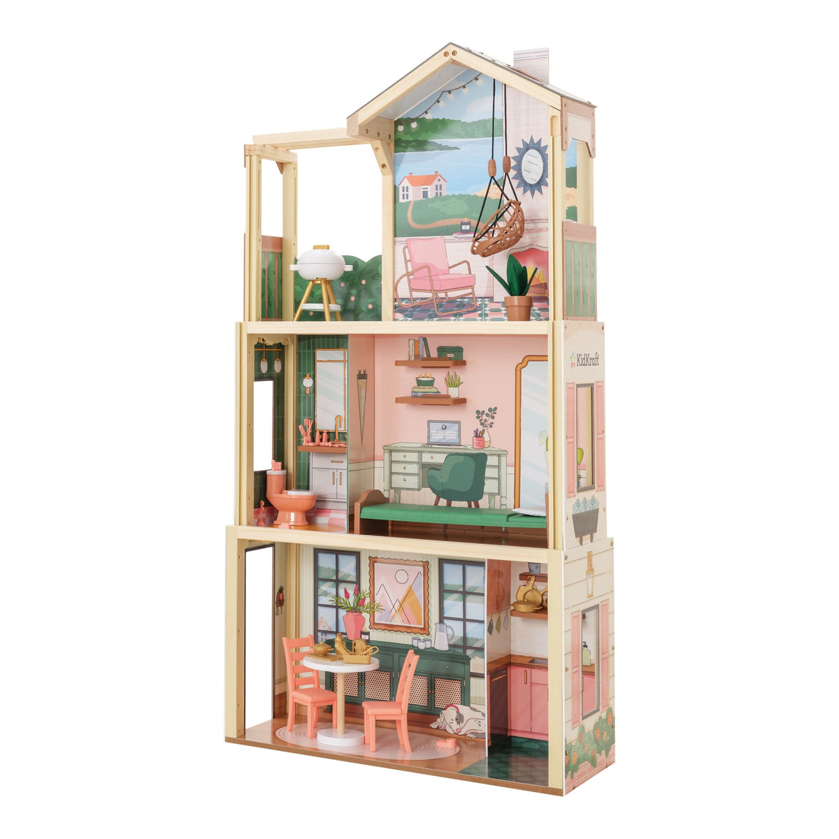 Three Story Collapsible Click N Play Wooden Dollhouse for Ages 4+