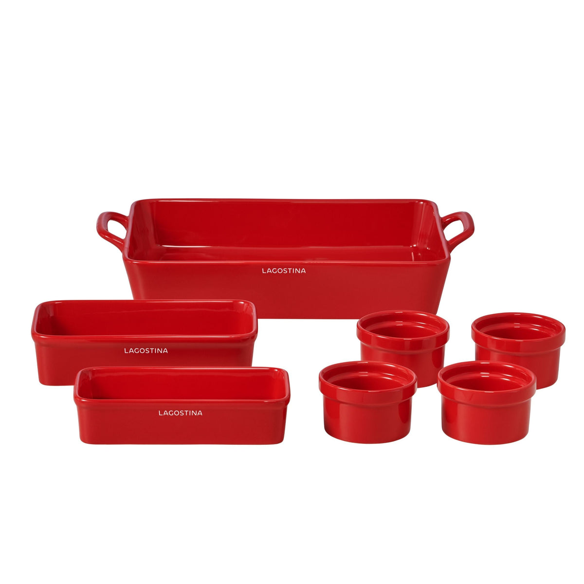 Stackable Red Ceramic Bakeware Set with Handles, 7-pc