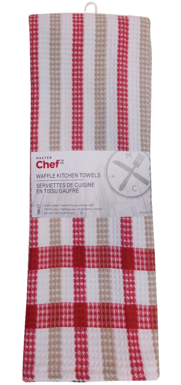 Cotton Plaid Waffle Kitchen Towels, Reusable, 22-in x 32-in, 5-pk, Assorted Colours