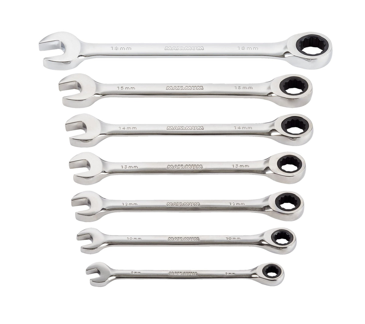 MAXIMUM Ratcheting Wrench Set, Metric, Nickel-Chrome Plating, 7-pc