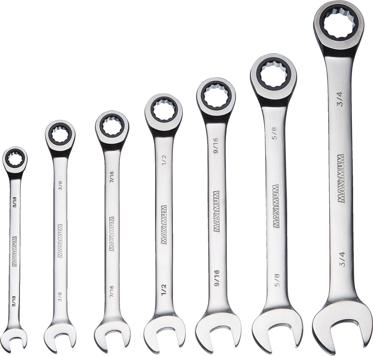 MAXIMUM Ratcheting Wrench Set, SAE, Nickel-Chrome Plating, 7-pc