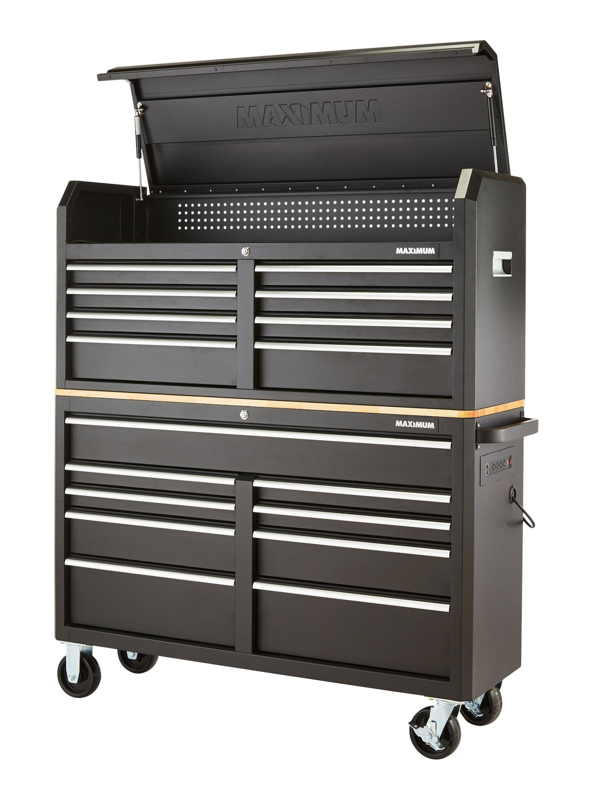 MAXIMUM Tool Storage Cabinet, Built-In Power Bar with USB, 9-Drawer, 56-in, Matte Black