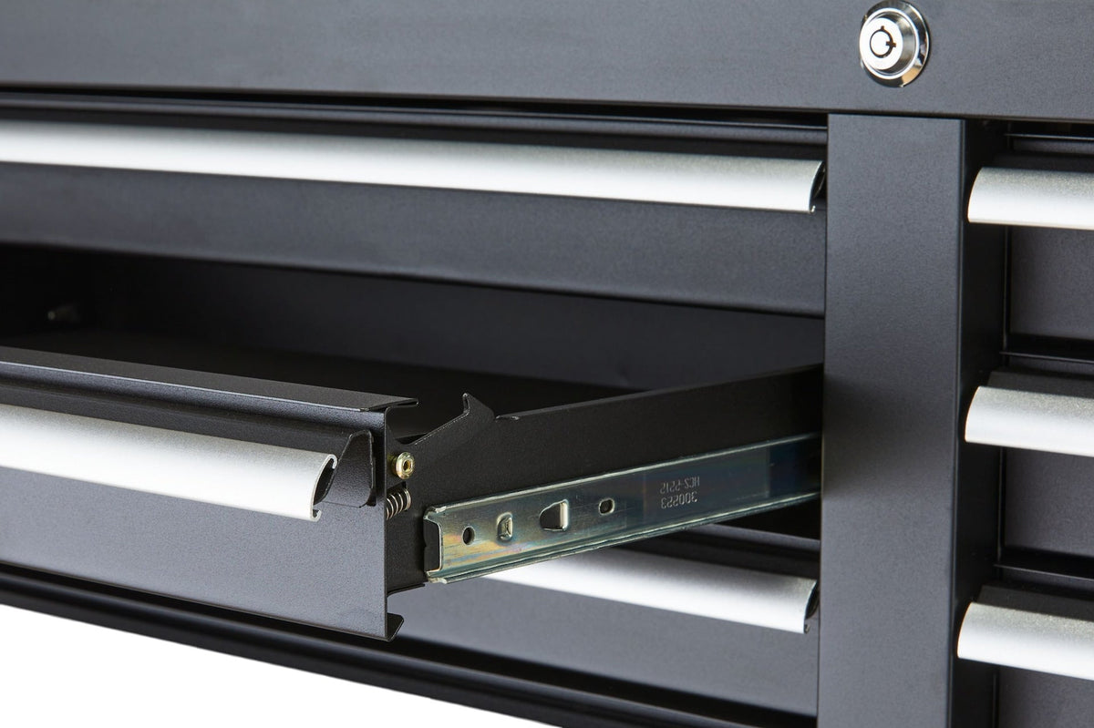 MAXIMUM Tool Storage Cabinet, Built-In Power Bar with USB, 9-Drawer, 56-in, Matte Black