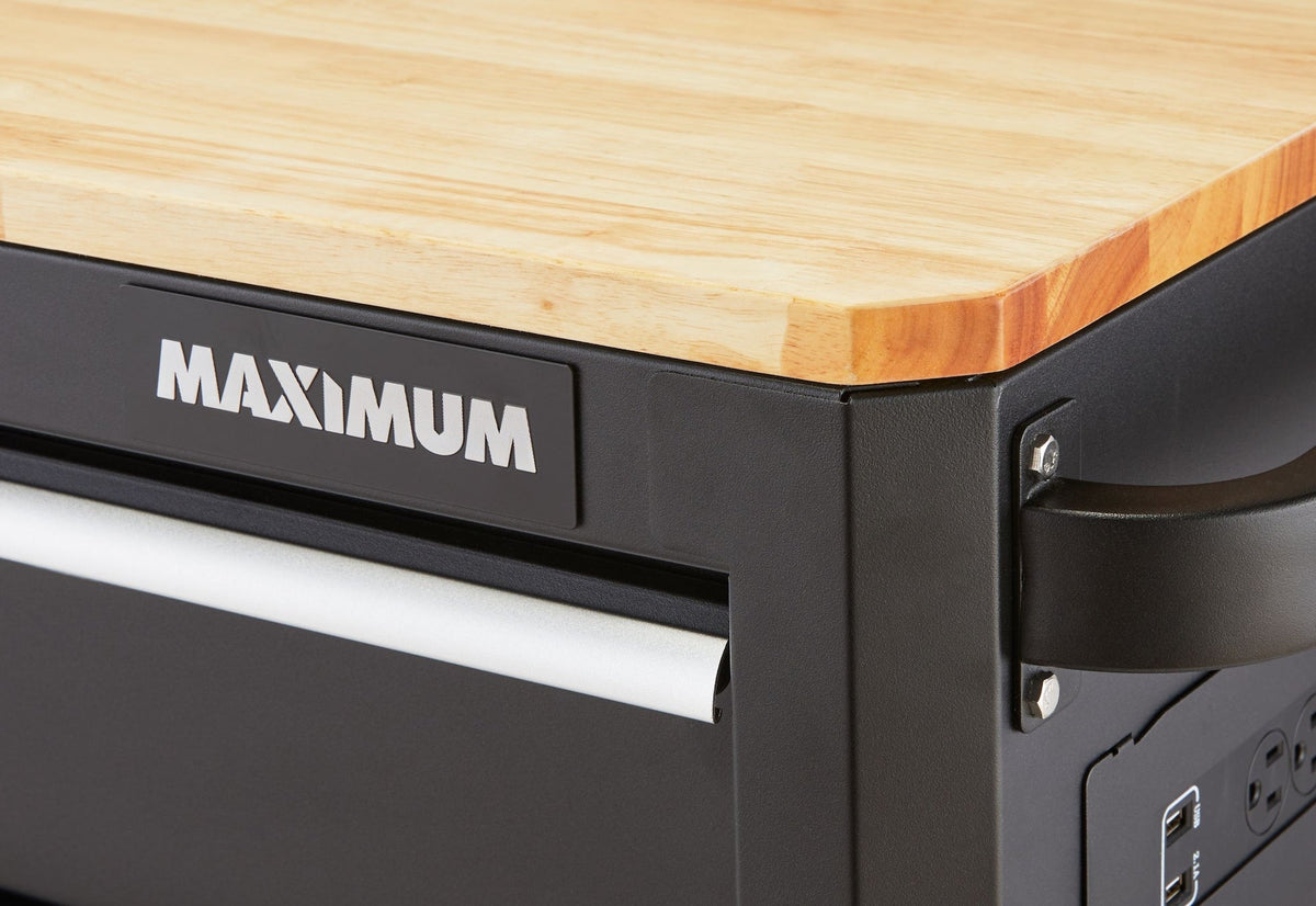 MAXIMUM Tool Storage Cabinet, Built-In Power Bar with USB, 9-Drawer, 56-in, Matte Black
