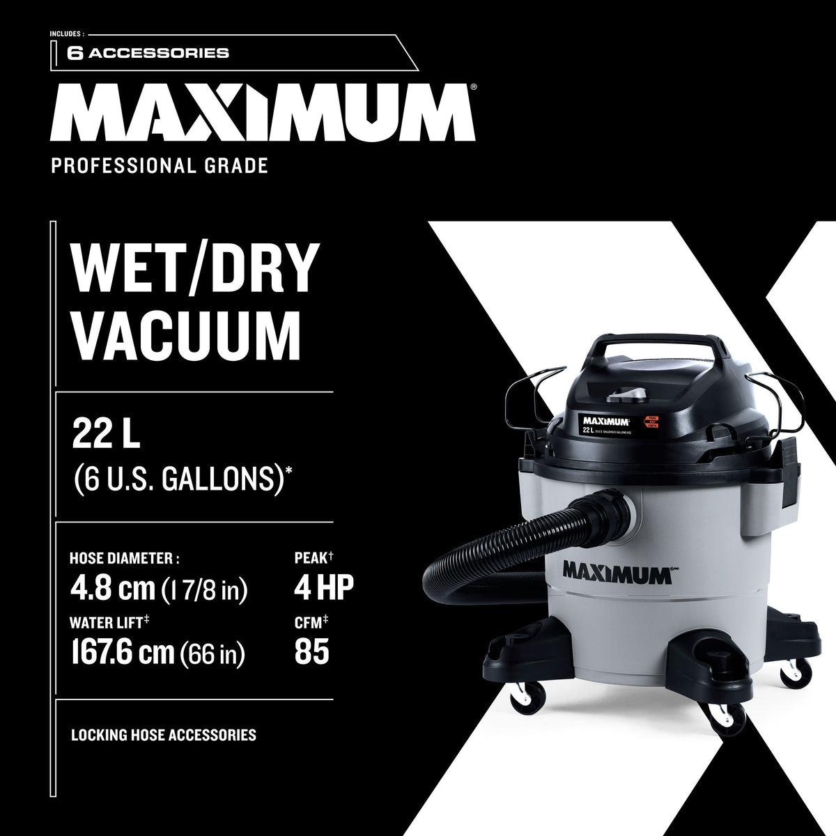 MAXIMUM VJF608PF 4 Peak HP Wet/Dry Shop Vacuum with Hose & Accessories, 22-L