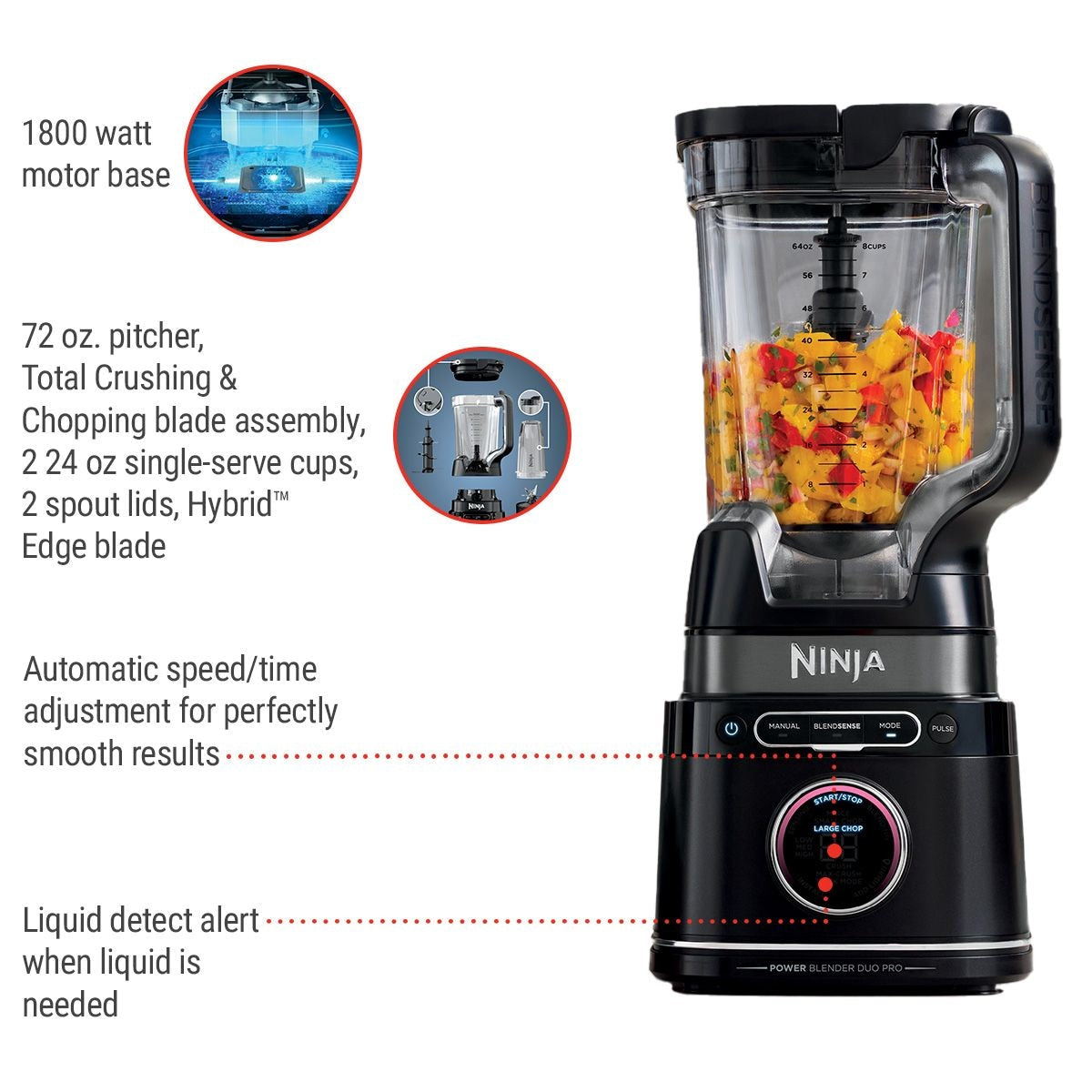 Ninja Duo Blender with 72-oz Full-Size Pitcher & Pre-Set Programs, Includes Two 24-oz Single-Serve Cups, 1800W