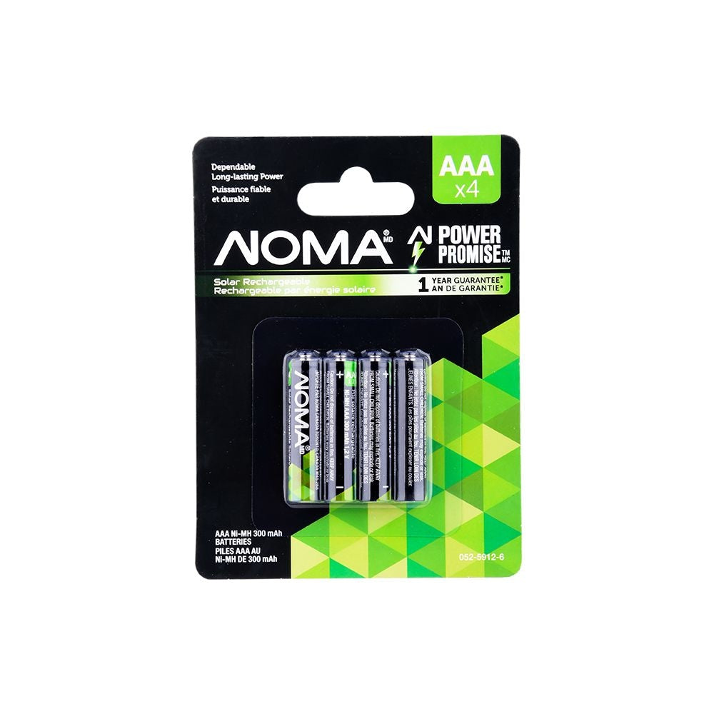 AAA Ni-MH 300mAh Rechargeable Batteries for Solar Lights, 1.2V, 4-pk