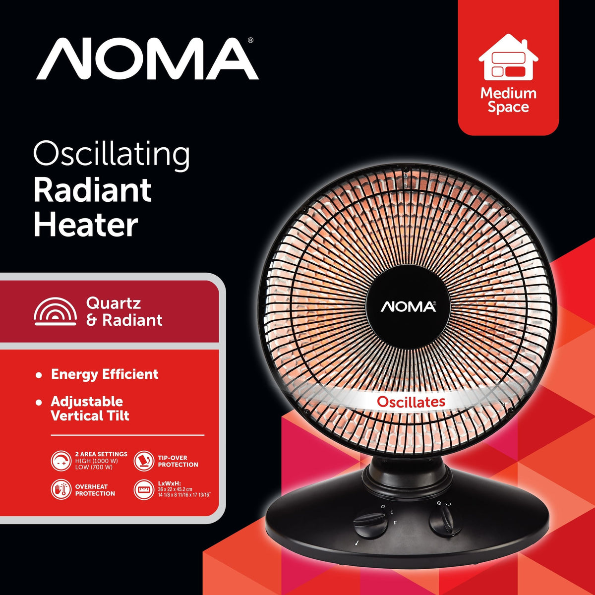 Oscillating Parabolic Dish Portable Radiant Electric Space Heater, 1000W, Black