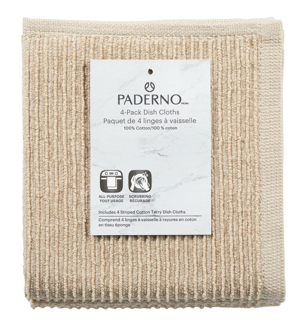 All-Purpose Ribbed Cotton Terry Square Dish Cloths, Beige, 4-pk