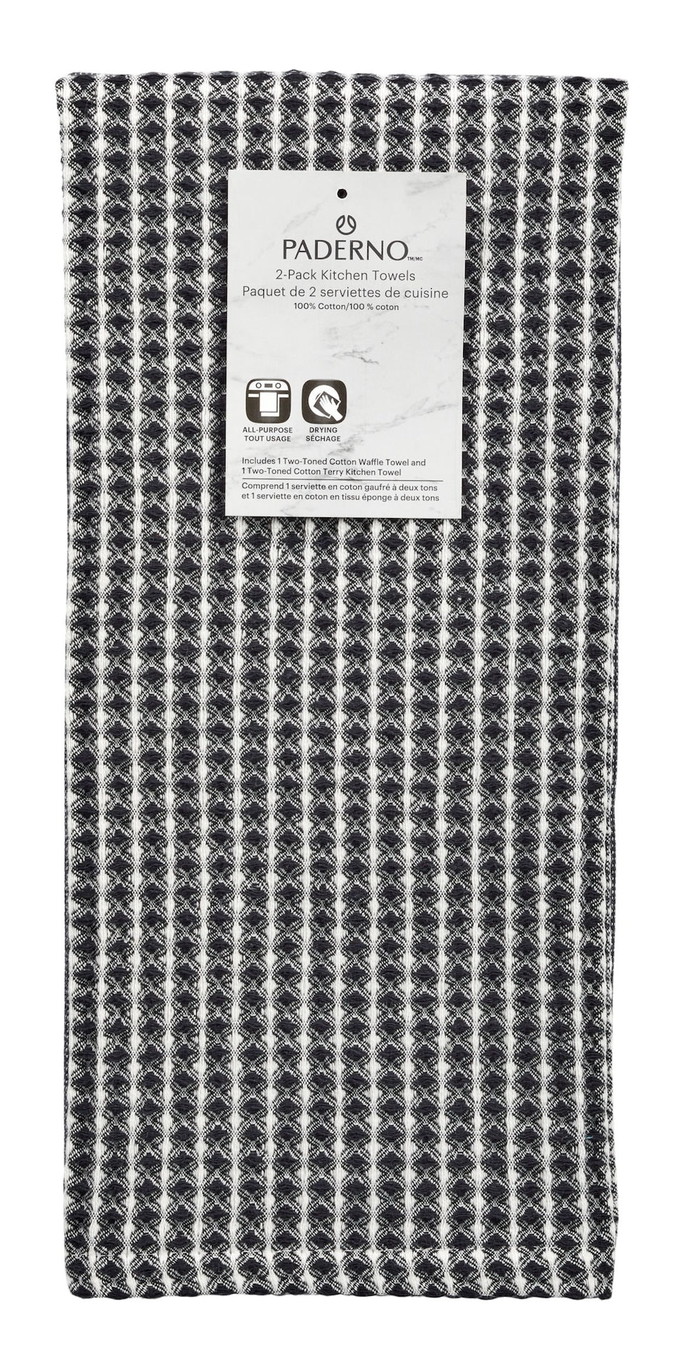 All-Purpose Two-Tone Cotton Kitchen Towels, Black, 2-pk
