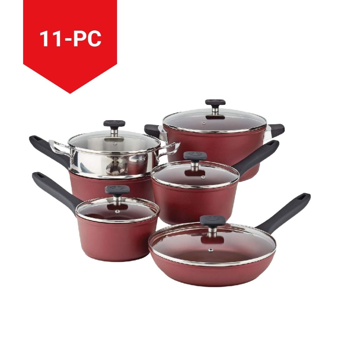Classic Cookware Set, Non-Stick, Maroon, 11-pc