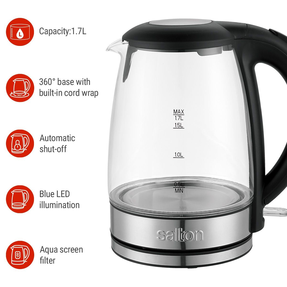 Cordless Electric Glass Kettle with Auto Shut Off, Black/Stainless Steel, 1.7-L