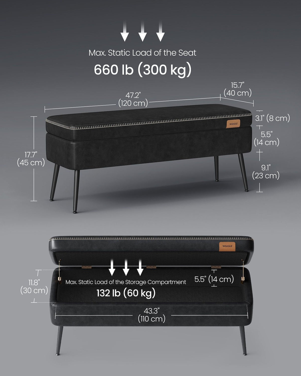 Home Mid-Century Ink Black Ottoman Storage Bench