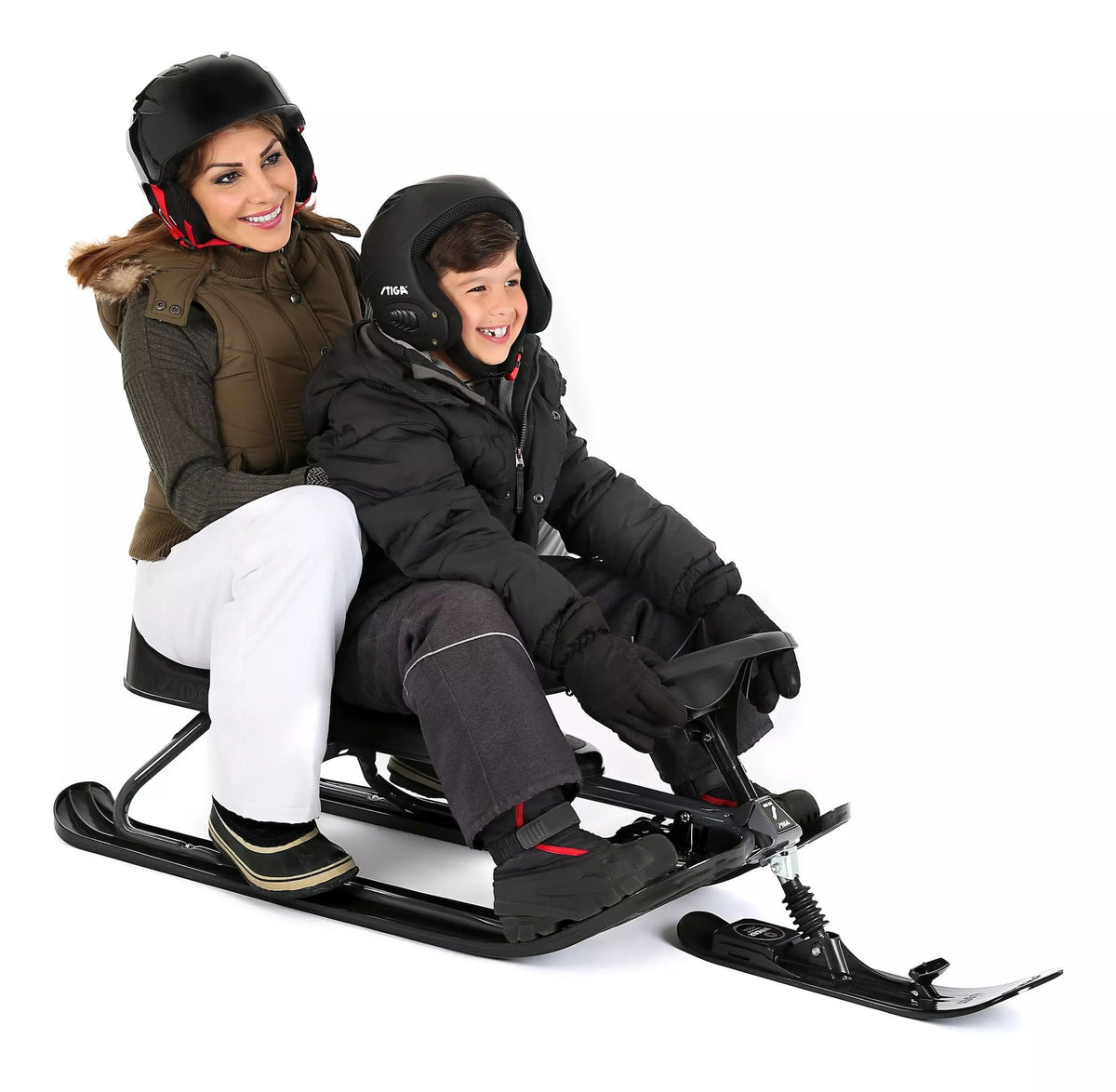 GT King Size Kids' 2-Person Winter Snow Racer Sled with Steering Wheel & Brakes, Grey