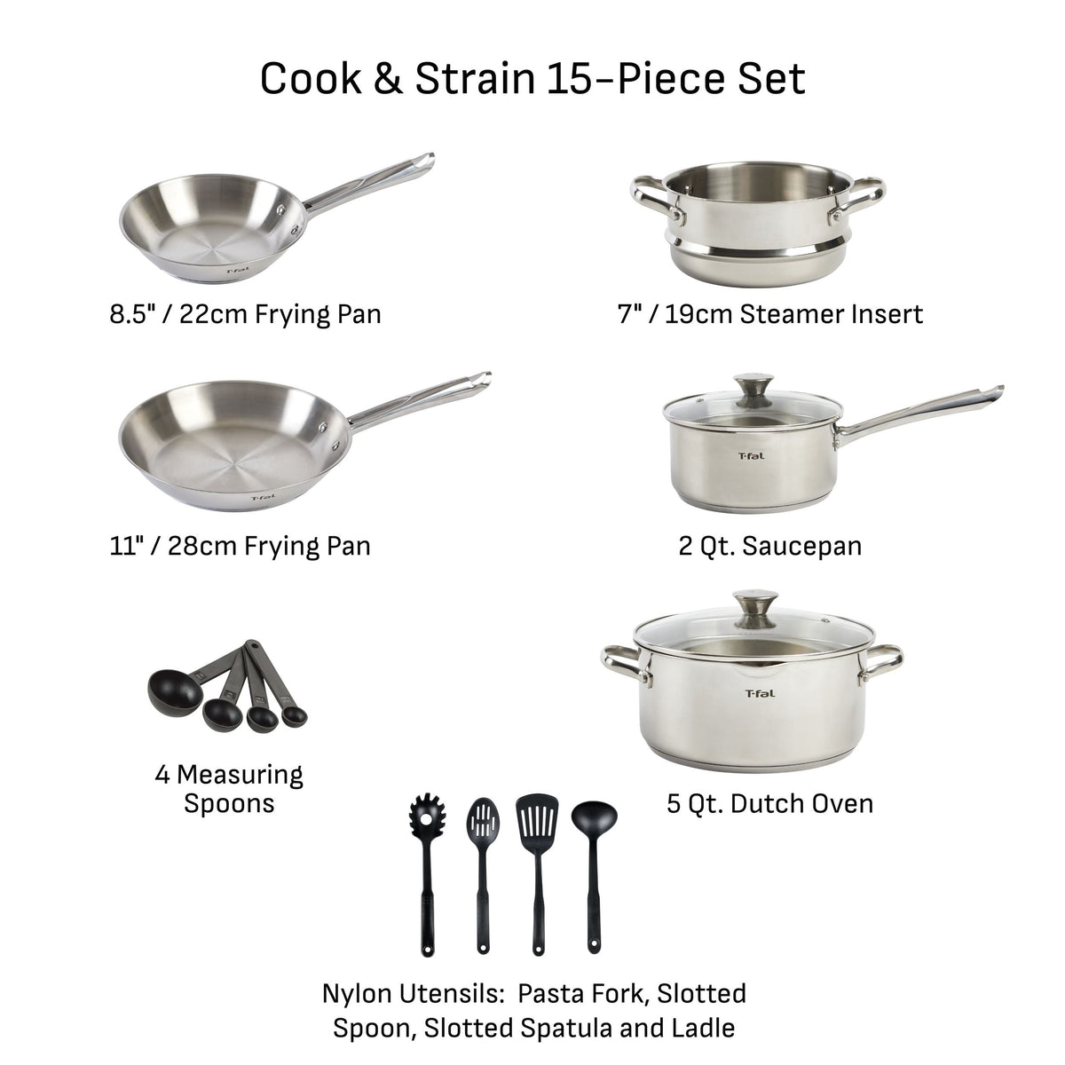 Cook and Strain Stainless Steel Cookware Set, 15-pc