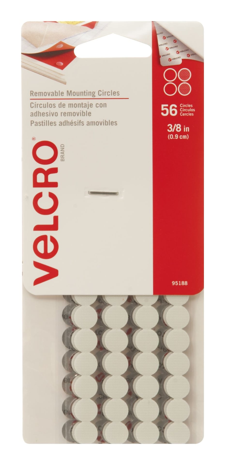 Hook-and-loop Removeable Adhesive Peel and Stick Mounting Circles, White, 3/8-in, 56-pk