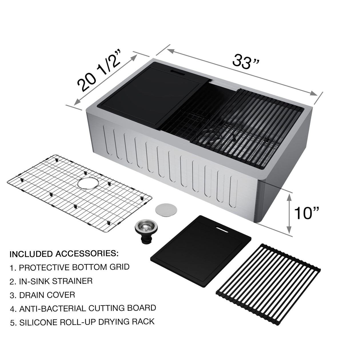 Oxford 1-Bowl Stainless Steel Apron Front Farmhouse Kitchen Sink with Accessories, 33-in
