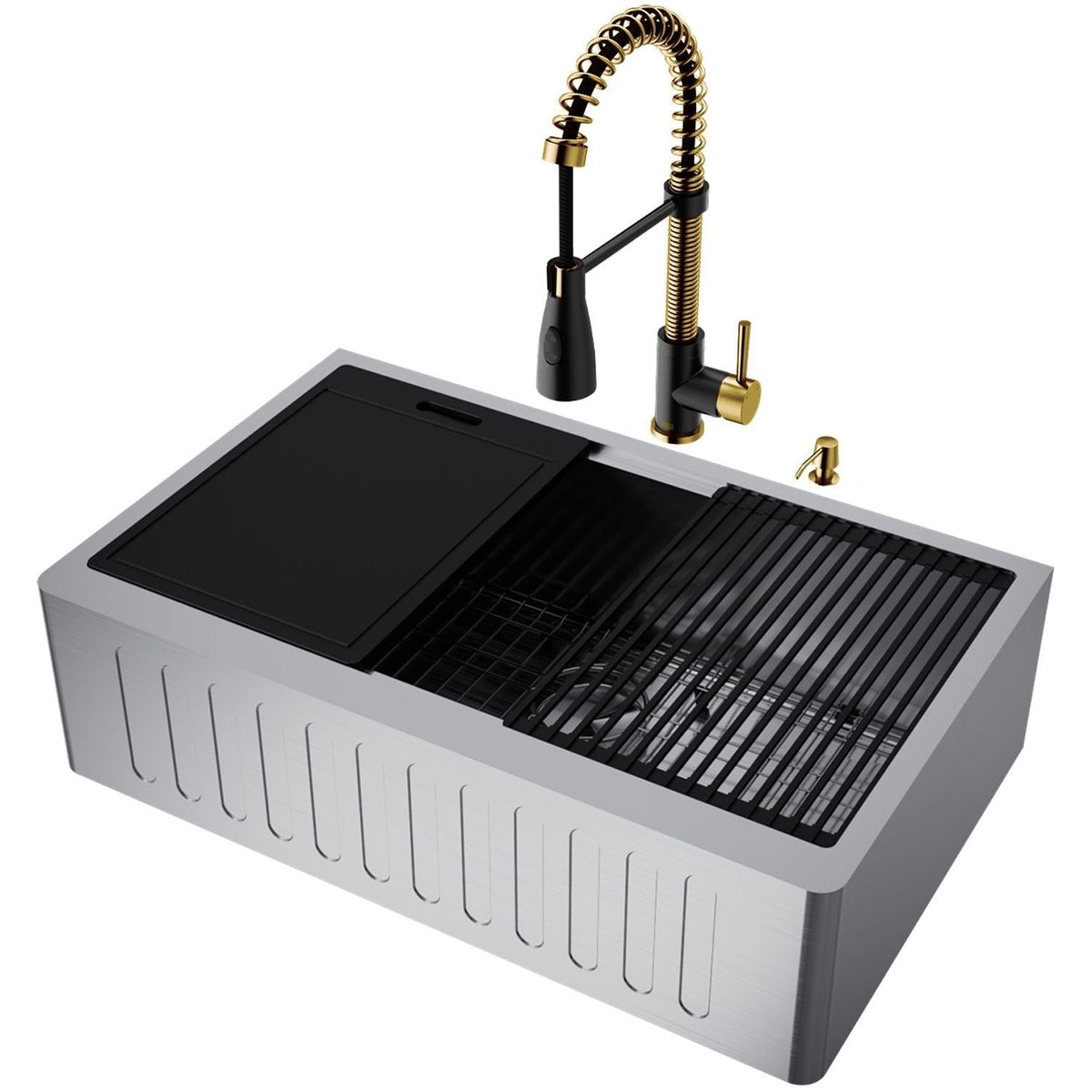 Oxford 33-in Single-Bowl Gold/Black Farmhouse Sink with Brant Faucet