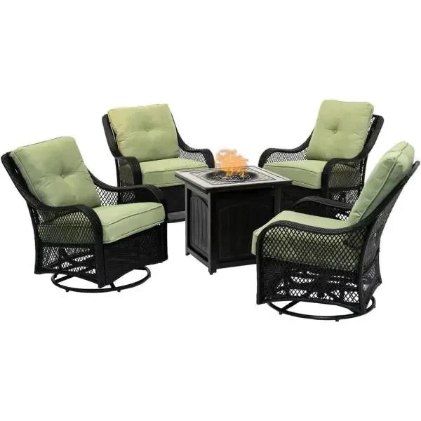 5-Piece Steel Patio Fire Pit Conversation Set with Navy Blue Cushions, Swivel Gliders and Square Fire Pit Table W765