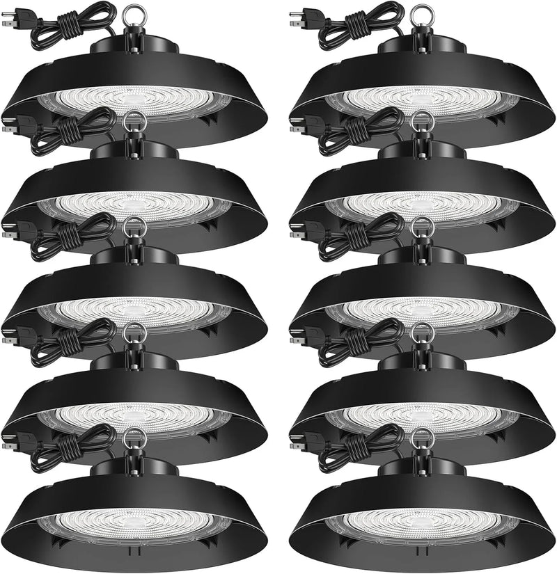 200-watt, 10 sets of UFO lamps, LED ceiling lights, 28,000 lumens, 5000K LED ceiling lights, 5-foot cable, can replace 650-watt metal halide/hot mercury lamps, suitable for gyms, factories, barns and storage areas. N5338