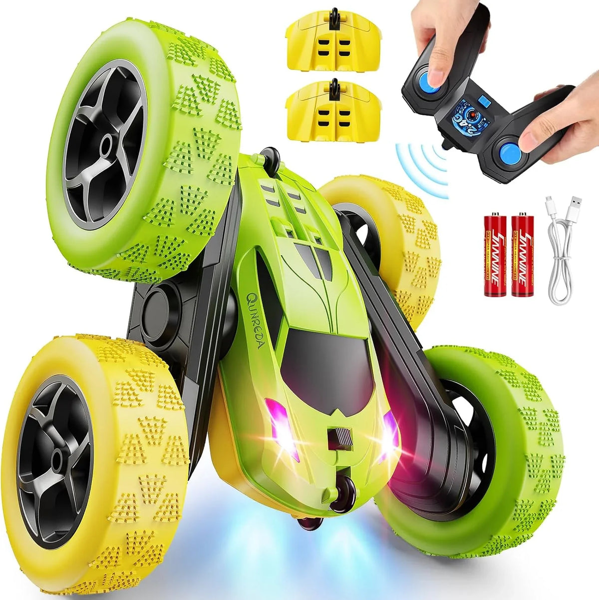 Children's version remote control car (suitable for children over 6 years old), RC car stunt toy, four-wheel drive, double-sided design, 360° rotating remote control, with headlights, is a birthday or Christmas gift for boys aged 6, 7, 8, 9, 10, 11