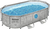 The robust steel swimming pool " Series II" - a 14 feet x 8 feet 2 inches x 39.5 inches outdoor above-ground pool package, equipped with a 530 liter/minute filtration pump, ladder and pool cover.