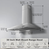 30-inch Wall Mount Range Hood 450CFM - Stainless Steel Kitchen Vent Hood, Ultra Quiet 55dB, Ducted/Ductless Convertible, 3-Speed + LED Light,...