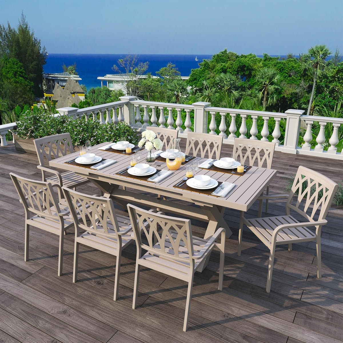 Extendable Patio Dining Table for 6-8, 63''-83'' Outdoor Aluminum Table w/Umbrella Hole, Rectangle Slatted Tabletop, Metal X-Trestle for Meals Garden Deck Backyard Gathering Party - Light Brown