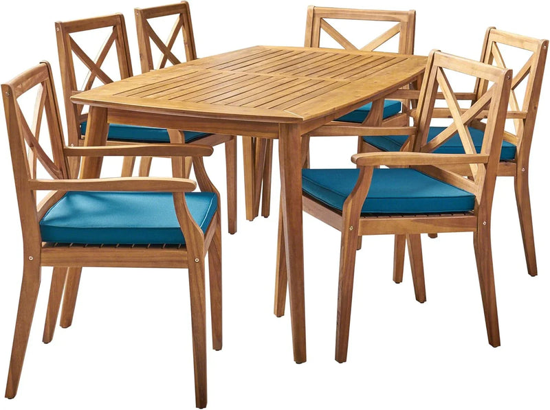7-piece cherry wood dining set, teak surface / blue U7177