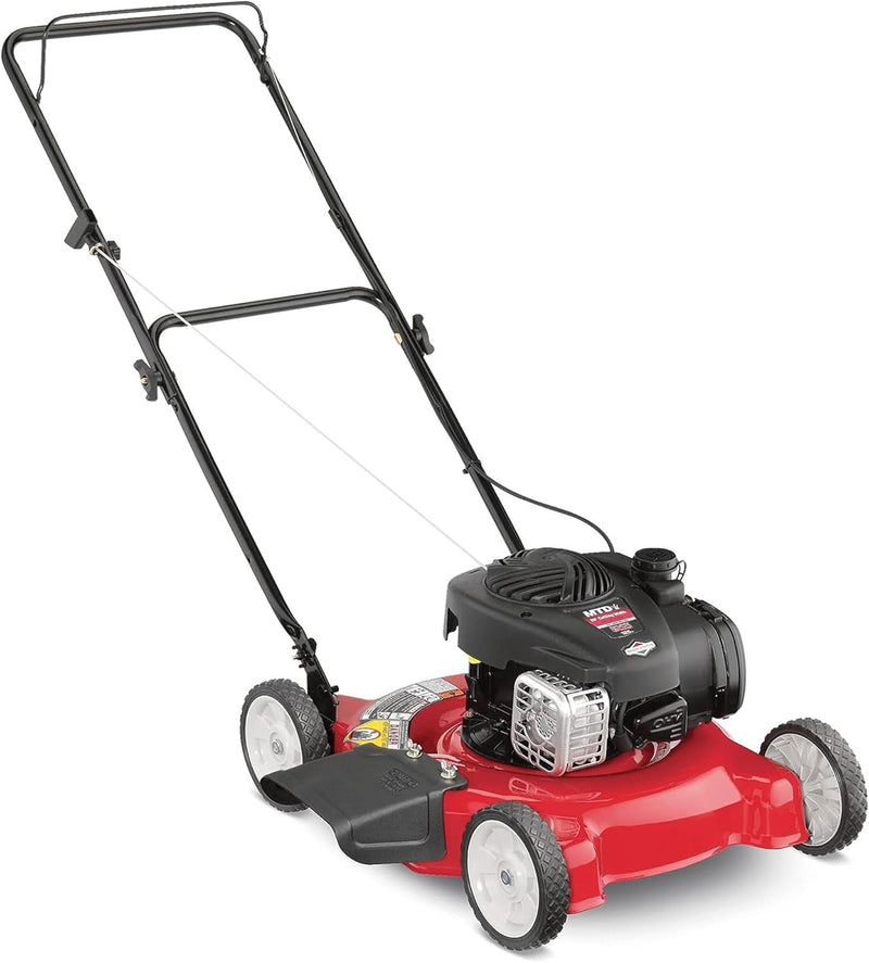 20-inch steel cutting deck, side-discharge gasoline-powered push lawn mower, with engine oil, available in red and black, suitable for outdoor yards. K9671