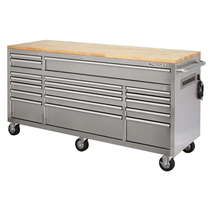72 in 18-Drawer 24 in. D Mobile Workbench with Solid Wood Top Stainless Steel V2050