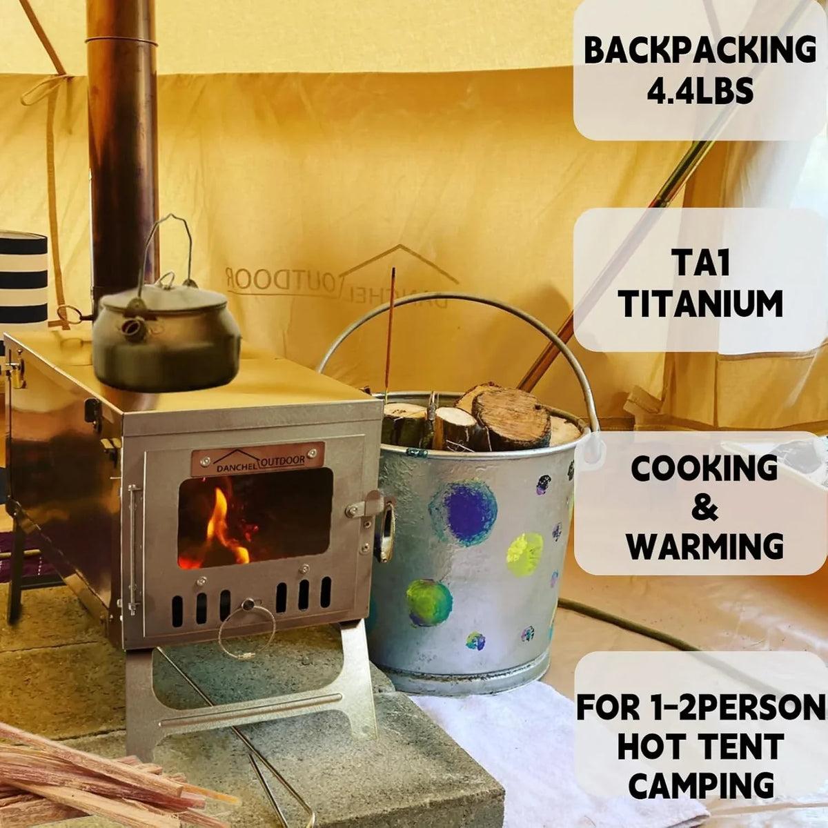 Titanium alloy tent wood stove for camping, 2 kilograms, foldable, lightweight and compact portable heat tent stove, comes with a 2.2-meter chimney, suitable for winter backpacking camping.