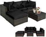 5 pieces of outdoor patio furniture, L-shaped rattan three-seater sofa with tempered glass coffee table, footstool, 3 single chairs, rattan outdoor party set, suitable for backyard, porch, balcony, black version