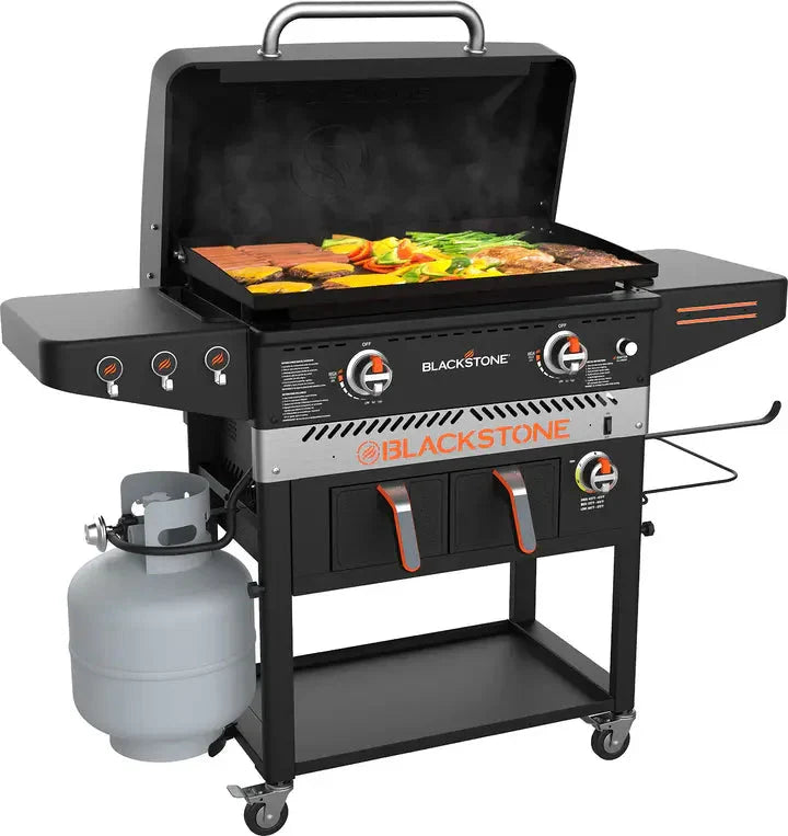 1962 Air Fryer Combo & Two Burners Stainless Steel Gas Hood, Wheels, Two Side Shelf – Heavy Duty Outdoor Griddle Station for Backyard, Patio, 28 inch Black H3375