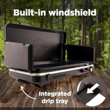 Gas camping barbecue grill | 13,000 watts | Portable liquefied gas burner | Foldable legs and feet | Integrated igniter and built-in regulator (with stainless steel drip tray) | Windproof panel and built-in handle